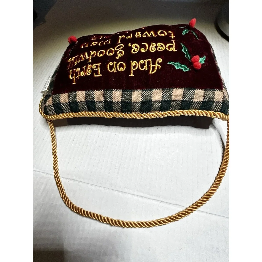 Christmas Rectangle Cushion Embroidered Luke 2:14 Red Plaid Trim Cord Handle